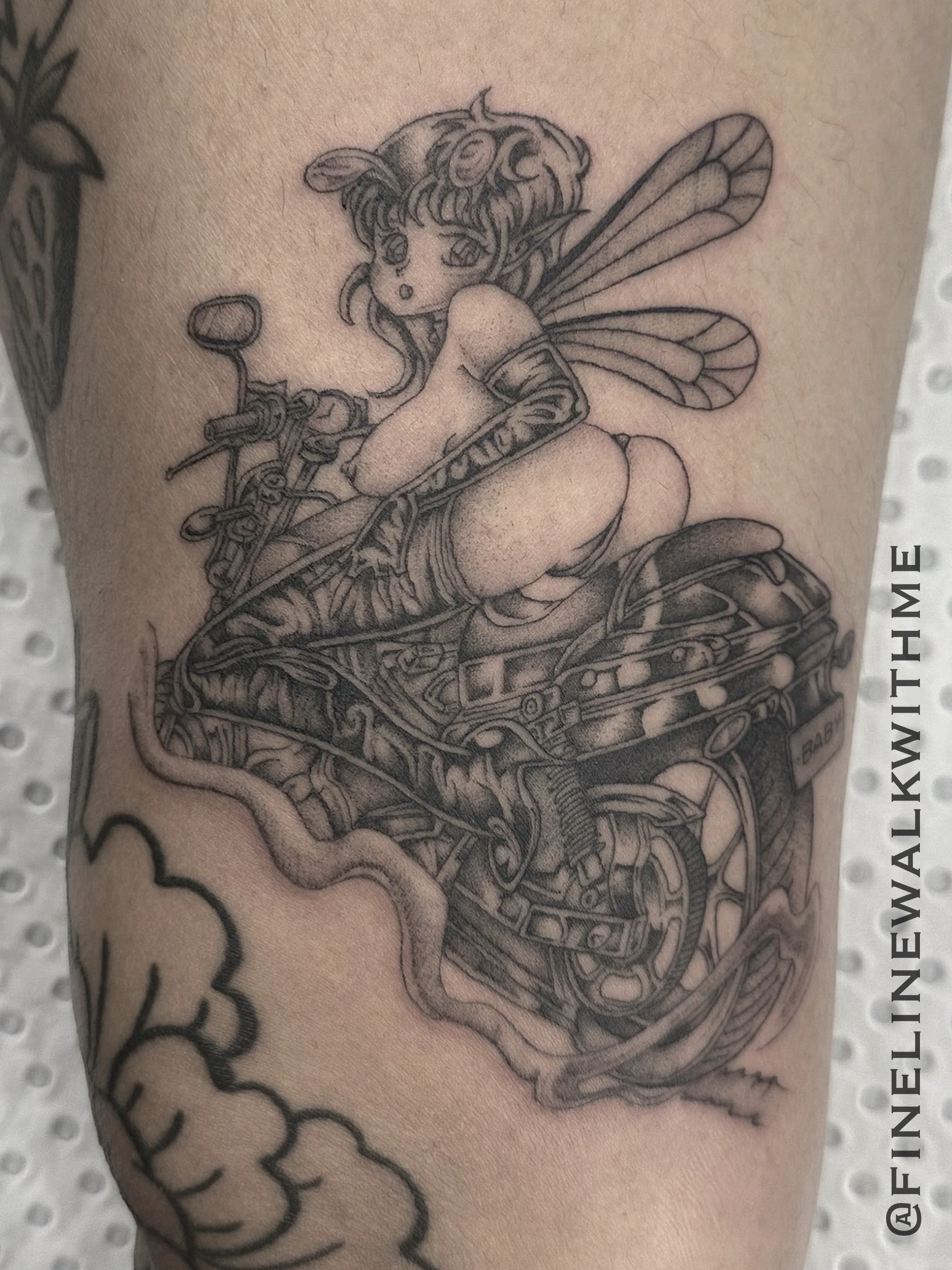 Illustrative fairy motorbike tattoo by Surry Hills tattoo artist